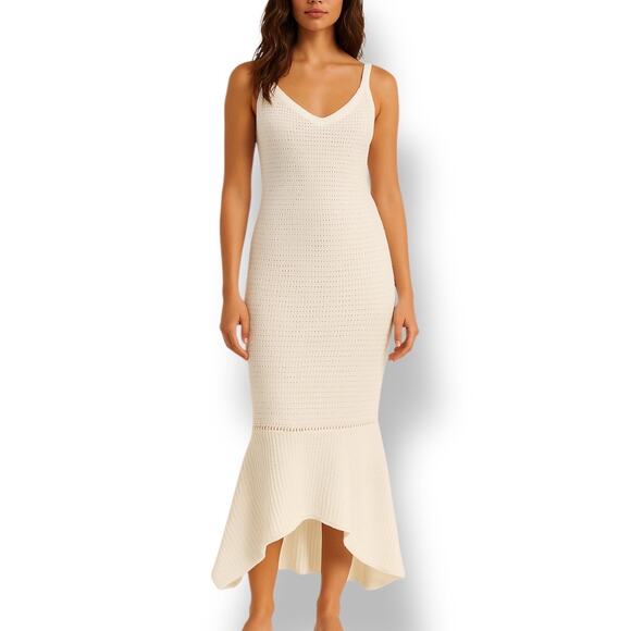 Scoop NYC Dresses & Skirts - Scoop White Knit High-Low Mermaid Hem Flowy Dress Crochet Cutout Detail Maxi